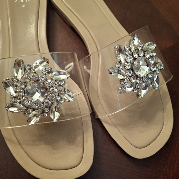 Zara Embellished Flat Vinyl Slip-On Fashion Sandals Women Size 7.5 - Picture 4 of 14